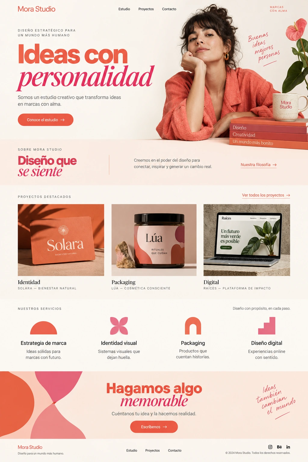 Concepto de página completa para Mora Studio: portada coral y rosa, presentación, proyectos y servicios de diseño