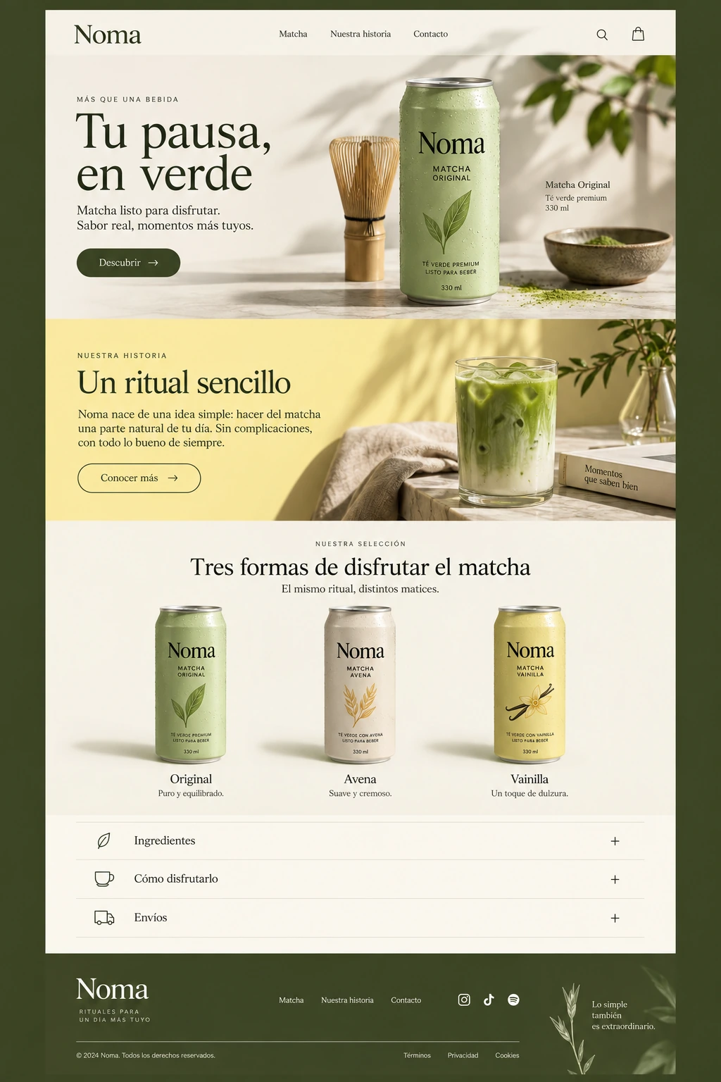 Concepto de página completa para Noma Matcha: diseño verde oliva y amarillo, bebidas, historia e ingredientes