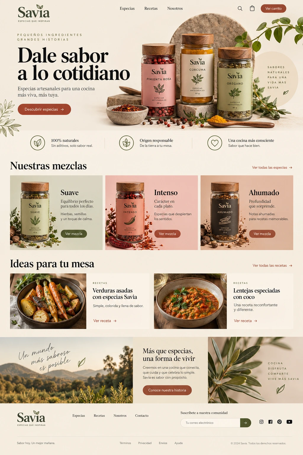 Concepto de página completa para Savia: especias, envases ilustrados, productos y recetas en rosa, crema y oliva